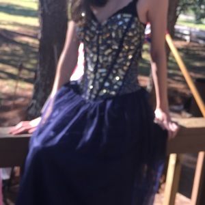 Strapless Navy blue w/ gold jewels prom dress